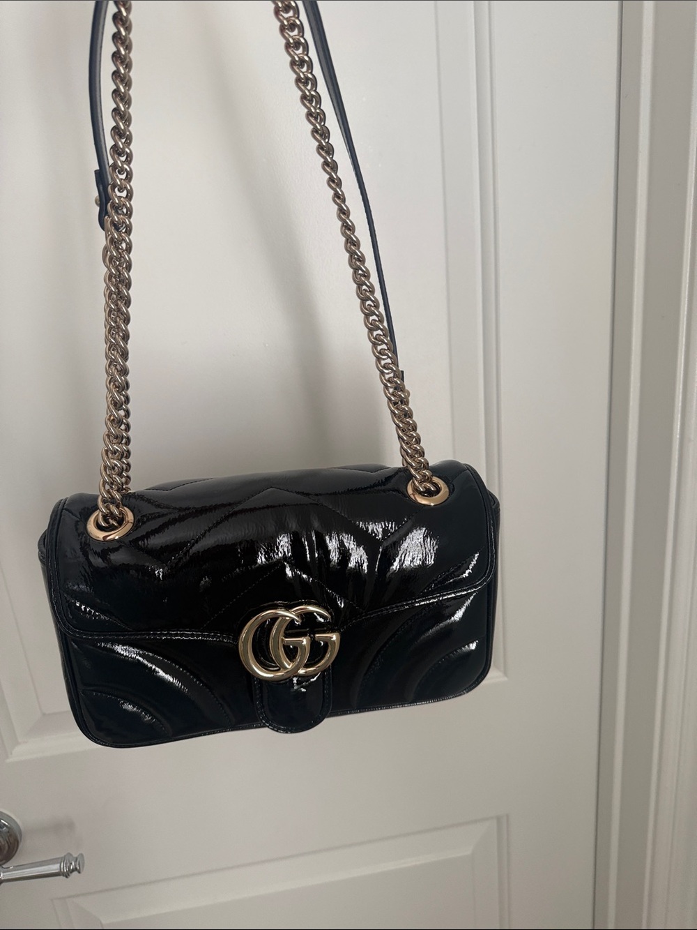 Gucci Black Patent GG Marmont Shoulder Bag with Gold Hardware
